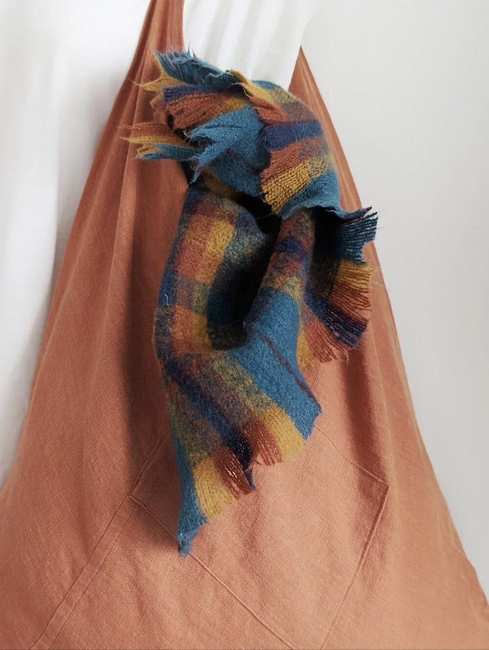 VINTAGE Wool Blanket Shawl Scarf Teal Plum Copper Gold Navy Fringe Wrap 80x24